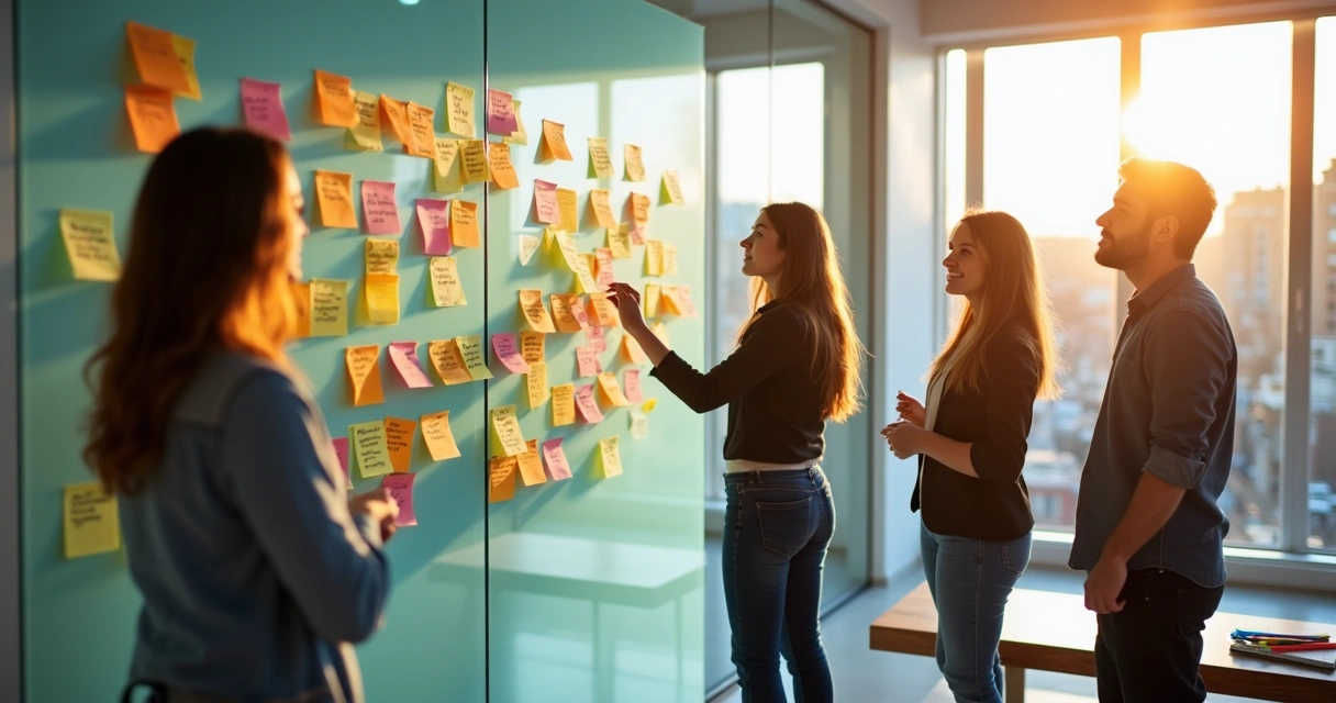 People in a creative session placing sticky notes on a glass wall, some thinking quietly 