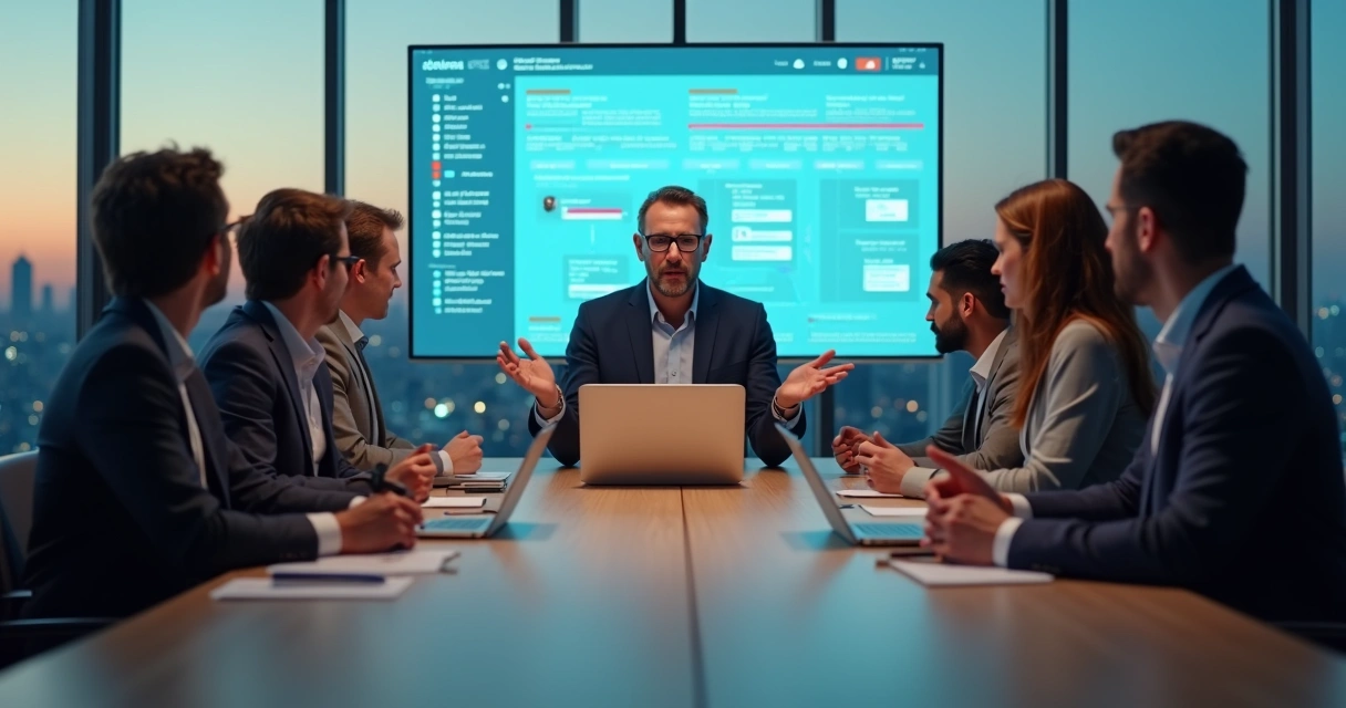 Leadership team aligning crisis communication strategy in modern boardroom 