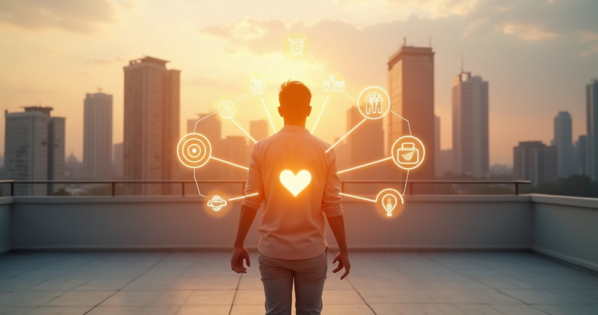 Person aligning personal goals with core values on a sunrise city rooftop 