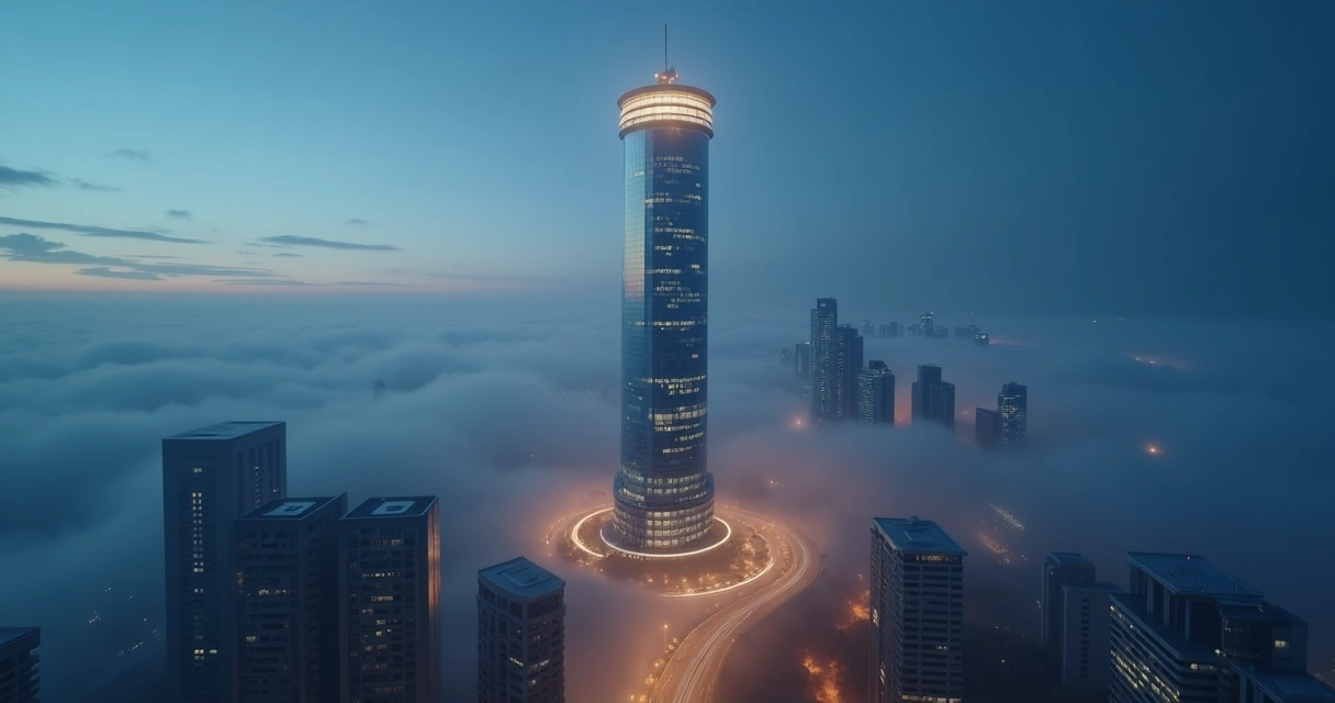 Lighthouse-shaped skyscraper casting calm light over a foggy city at twilight 