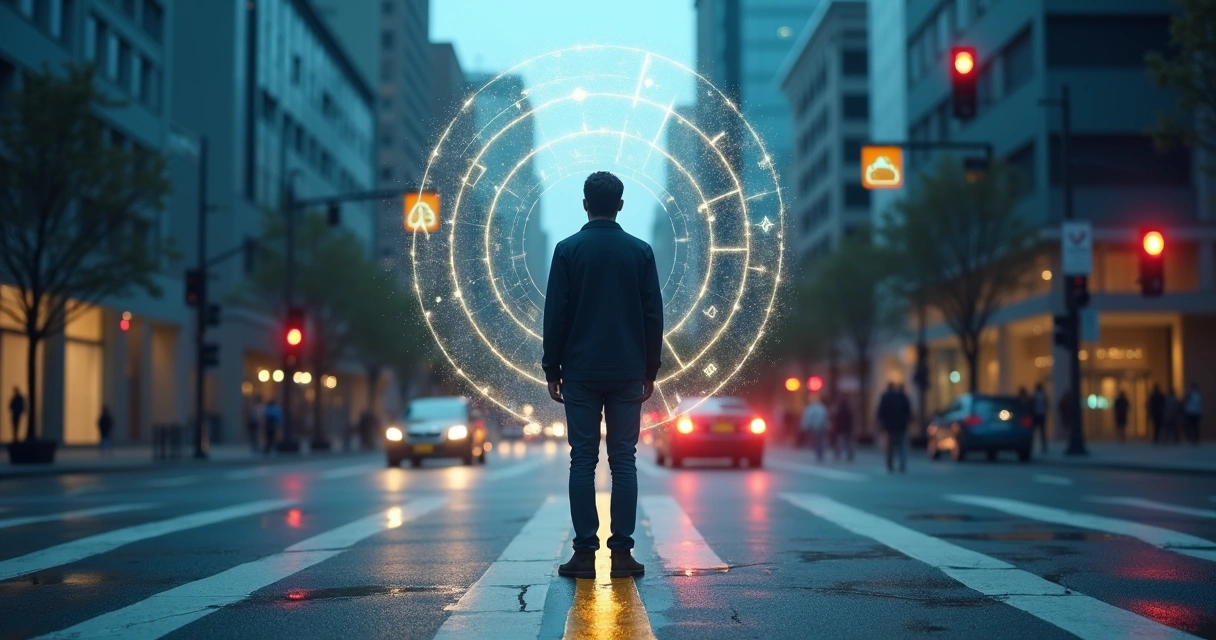 Person at crossroads with layered value symbols glowing around the head 