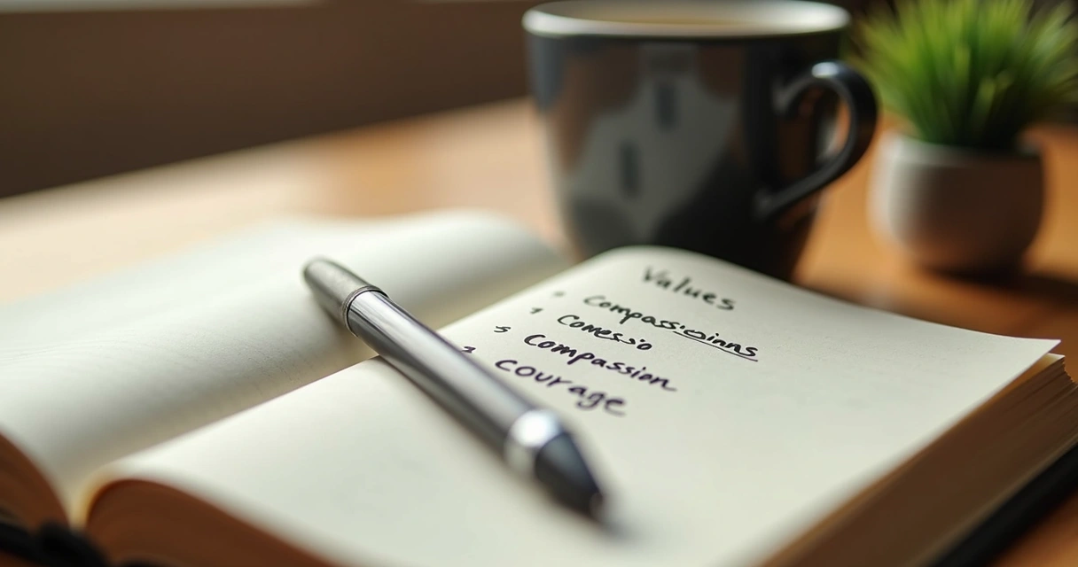 Open journal on a wooden desk with handwritten list of values 