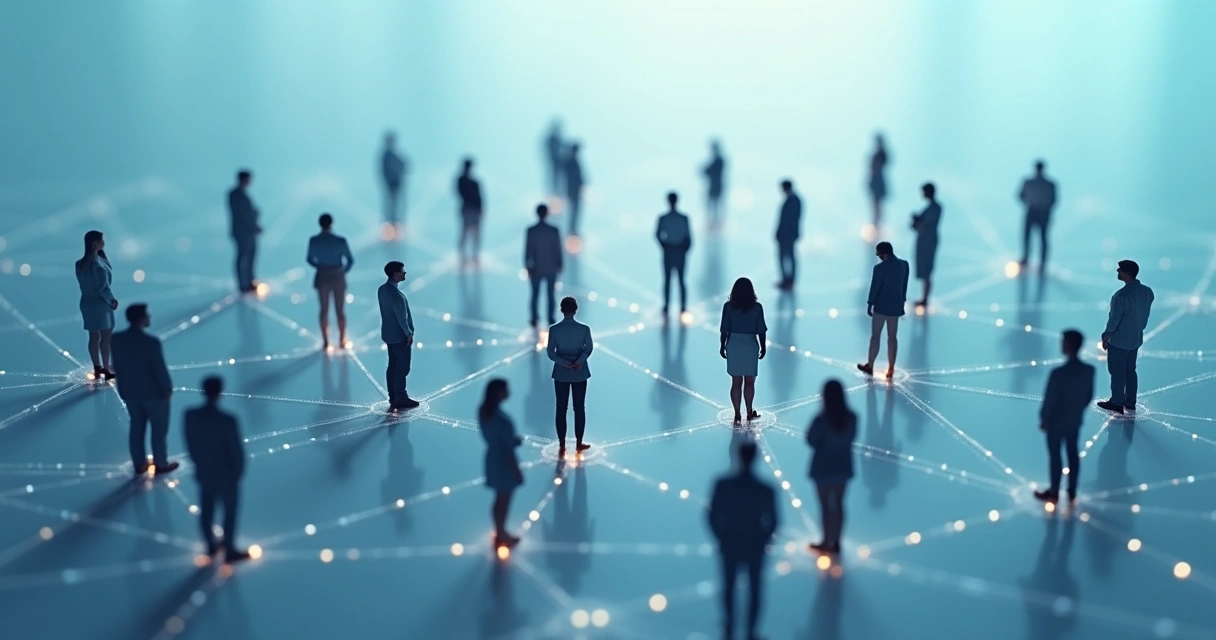 People forming interconnected network lines, overlayed on soft blue background, reflecting human connections and impact