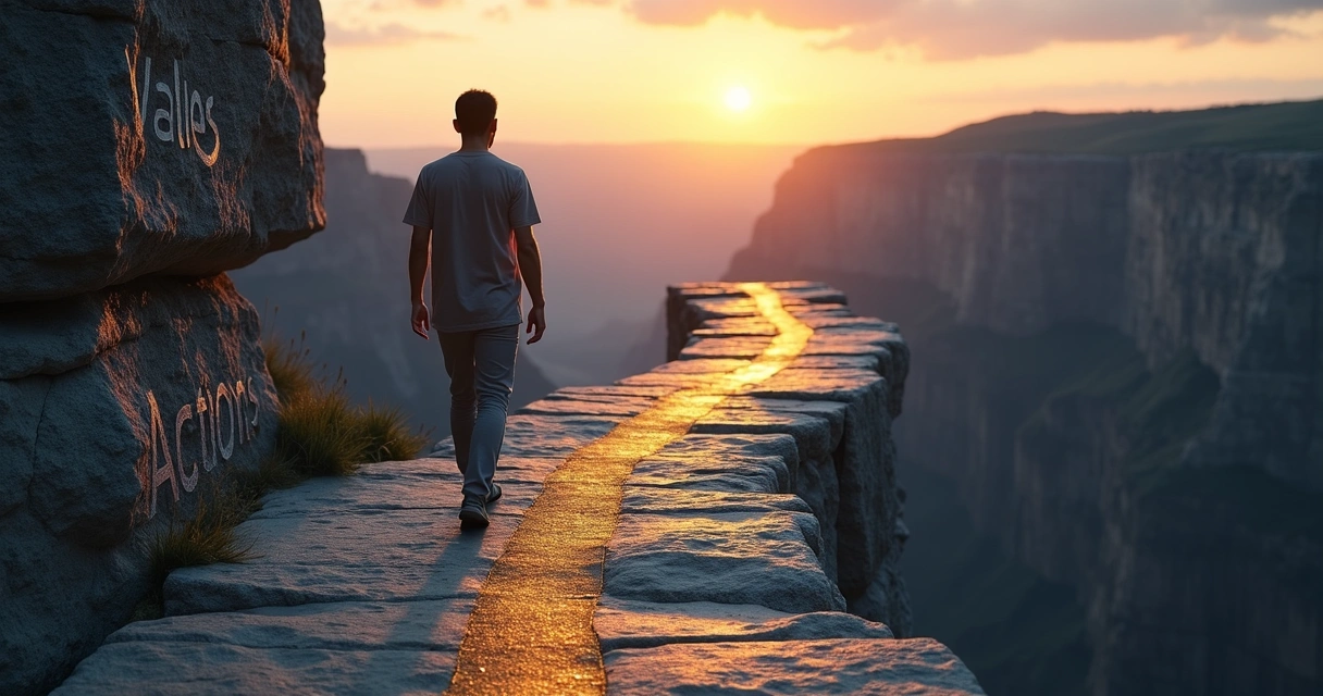 Person walking on a path between two cliffs connected by a glowing line symbolizing alignment between values and actions 