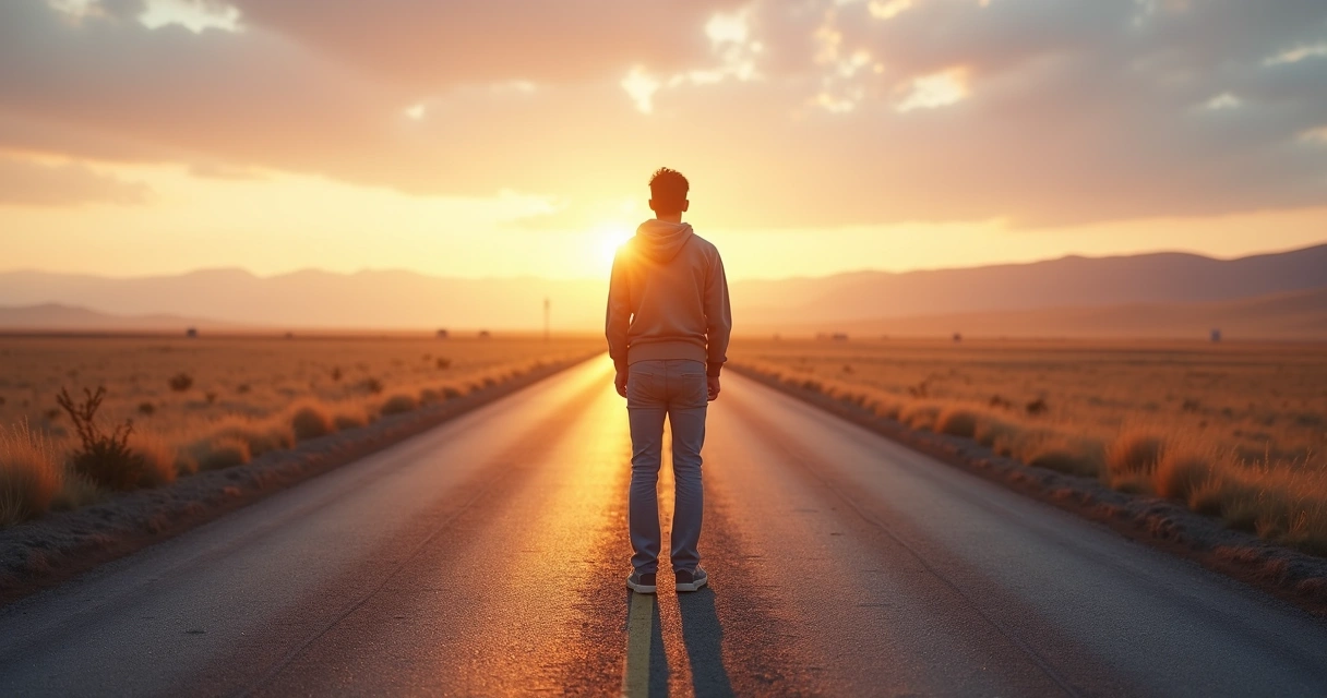 Person standing at a crossroads with paths leading in opposite directions 