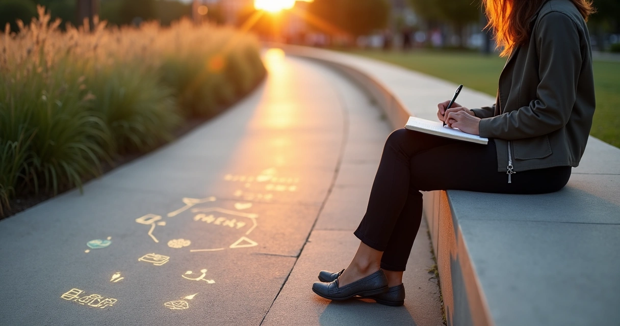 Person reflecting with journal on a circular path showing values and daily tasks 