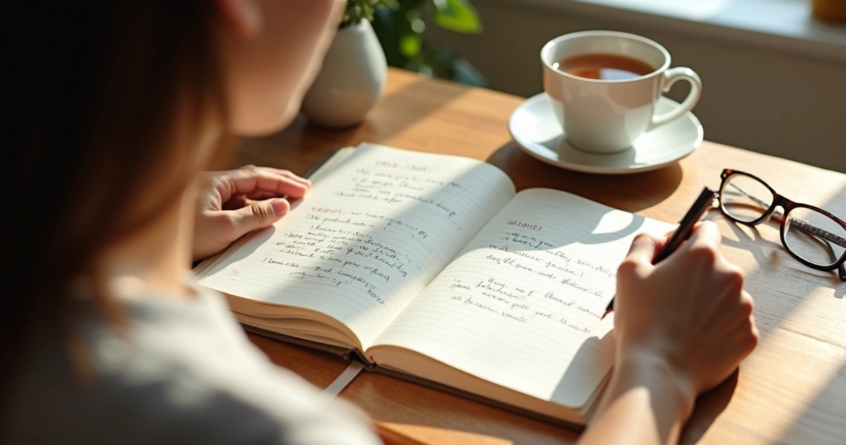Person writing in a journal with value words visible on the page 