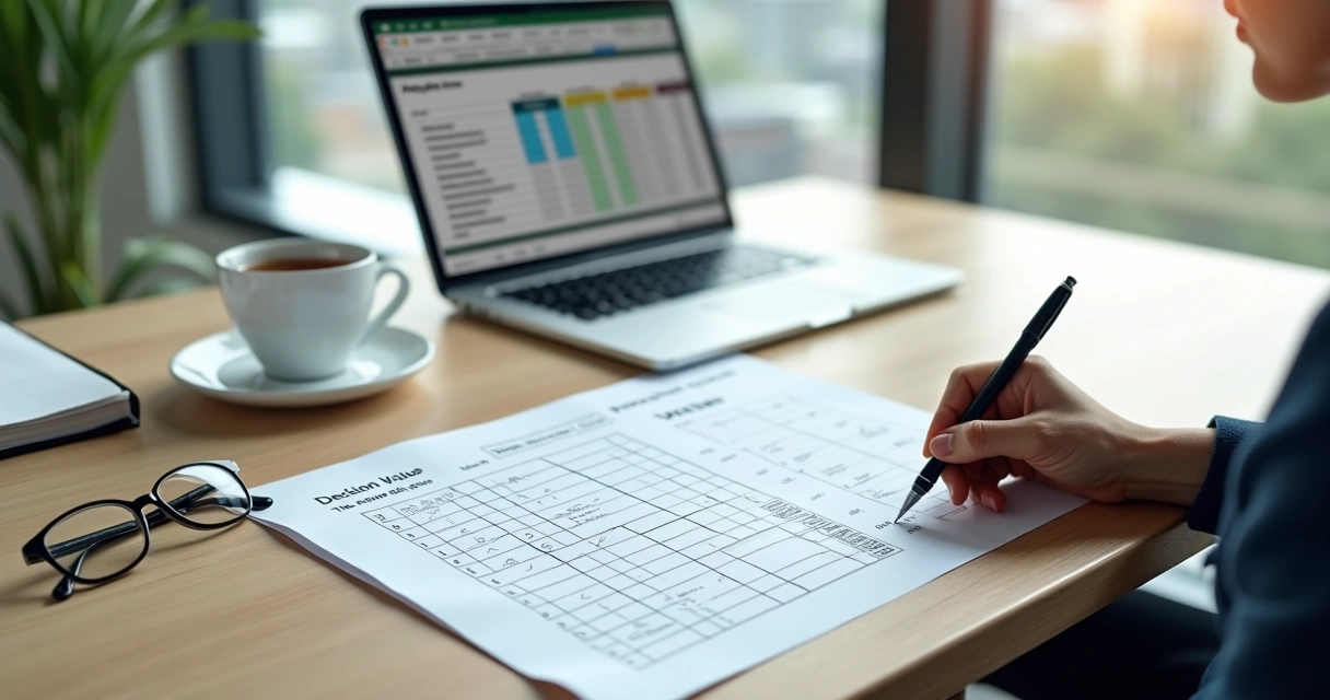 Professional reviewing a values-based decision matrix at a desk 