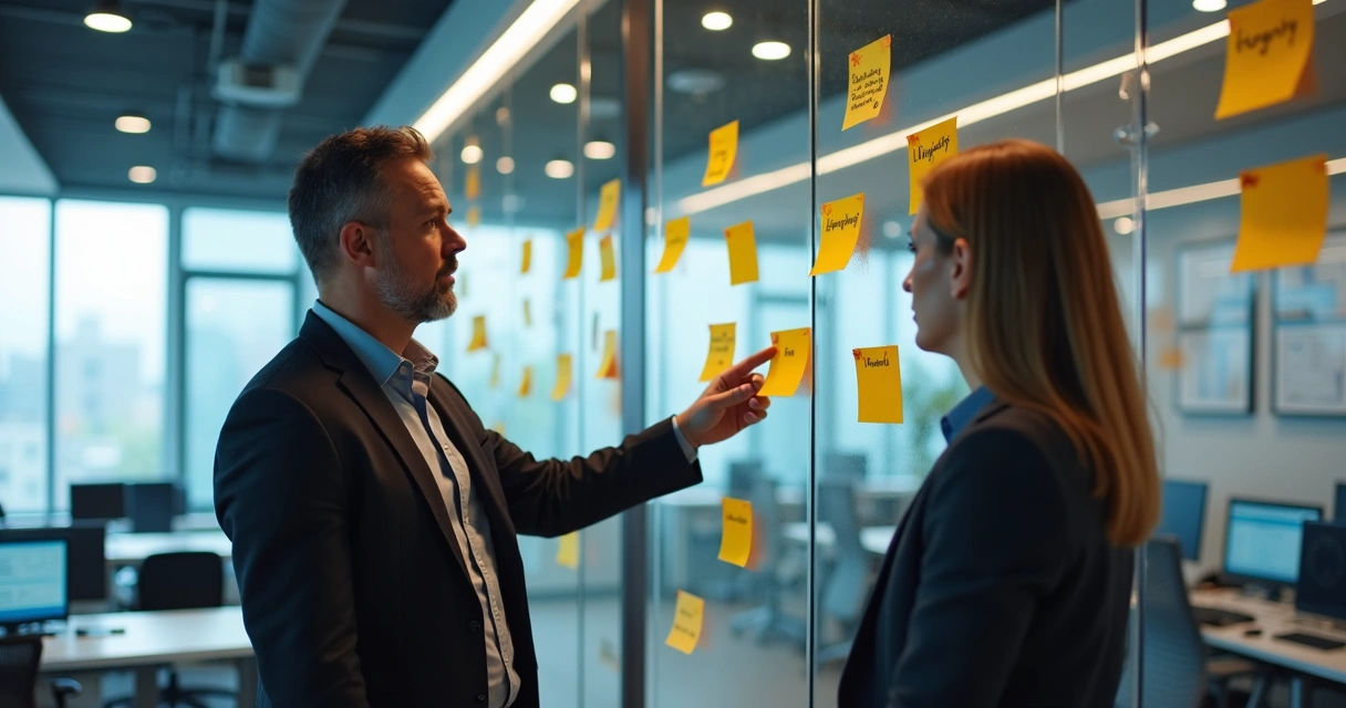 Two colleagues in a modern office discussing organizational values, sticky notes and value statements on glass wall 