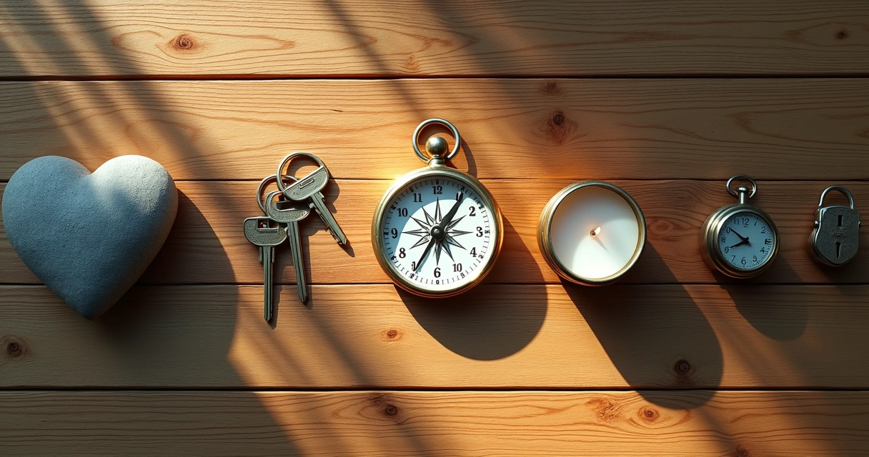 Objects representing different values laid out on a wooden table 