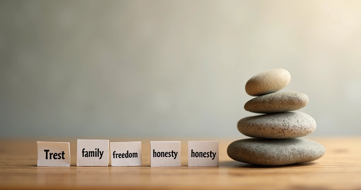 Stacked stones beside cards labeled trust family freedom and honesty 