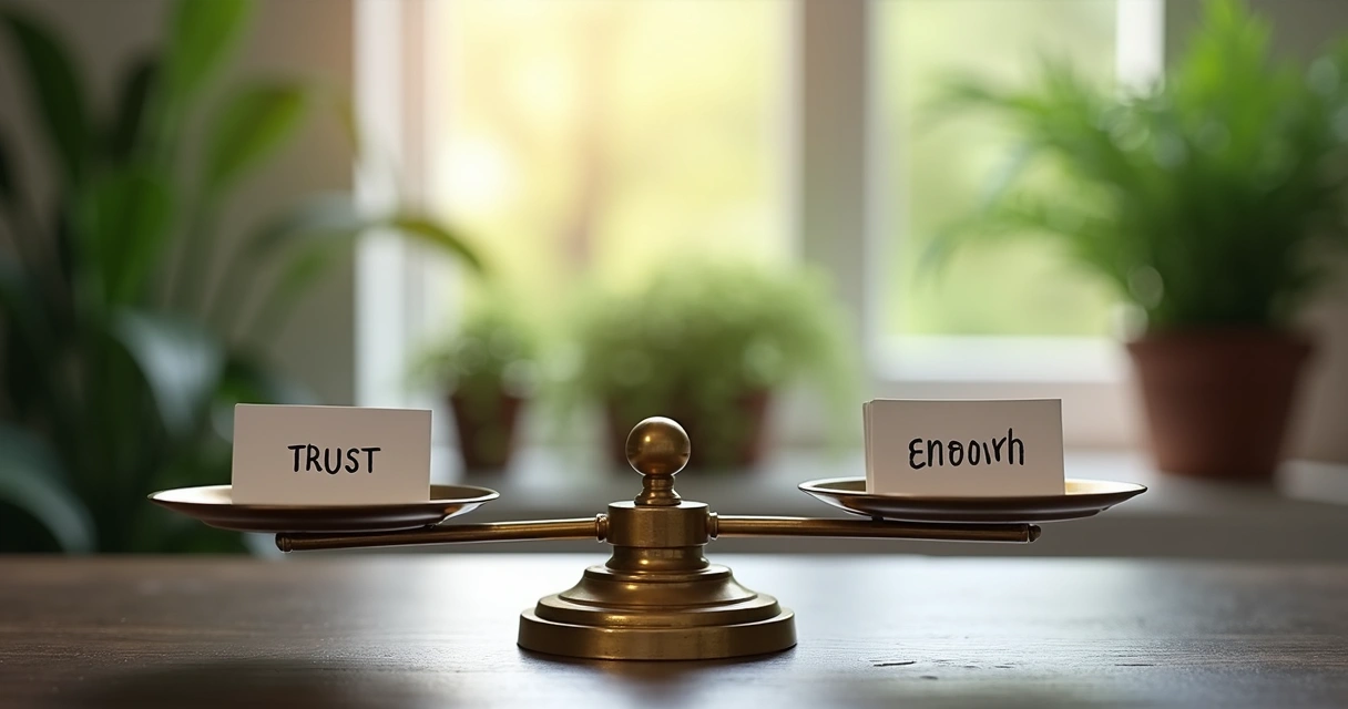 Balancing scale with different value cards, such as trust and growth 