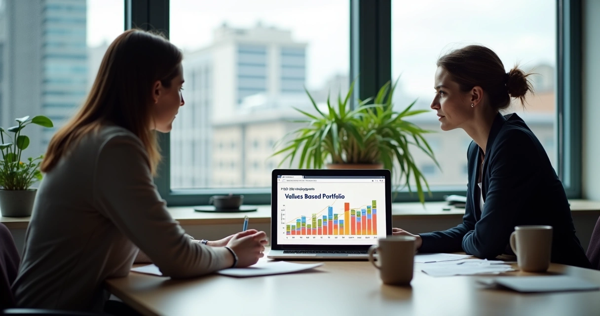 Meeting with financial adviser discussing values-based investments 