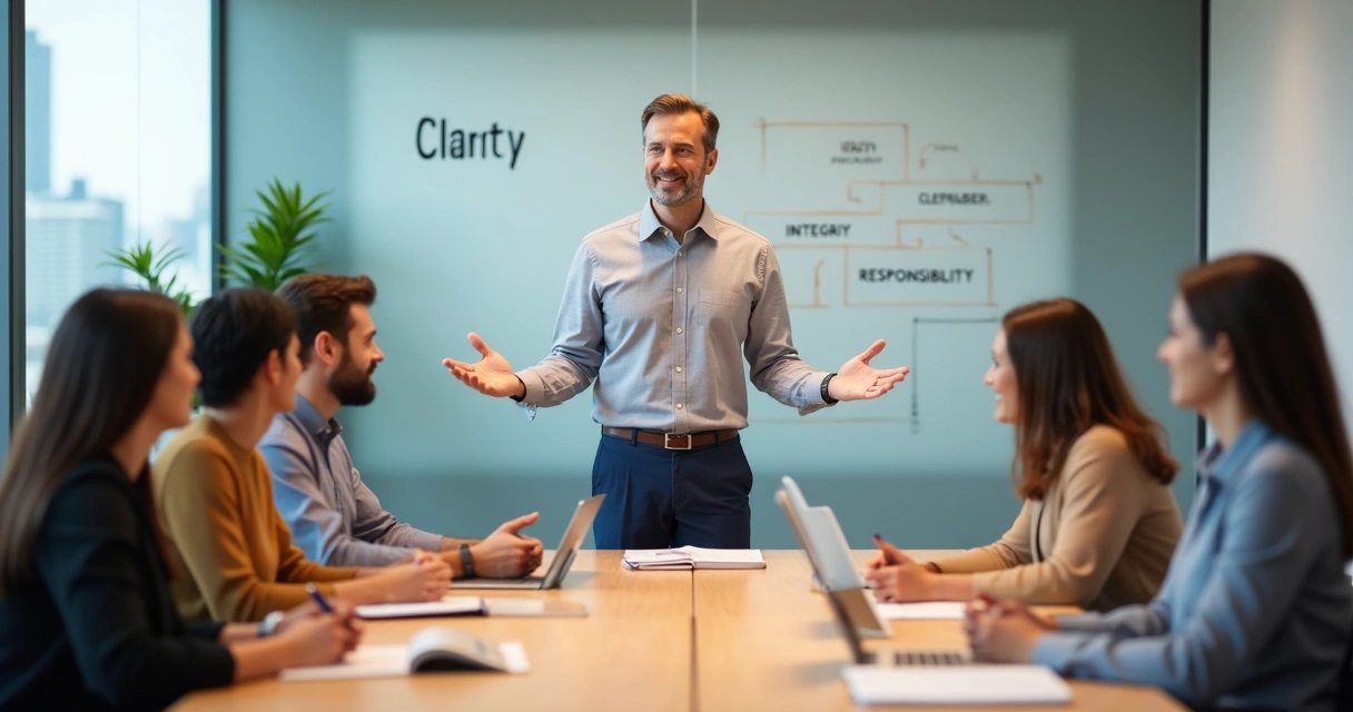 Calm leader guiding a diverse team in a bright modern office meeting 