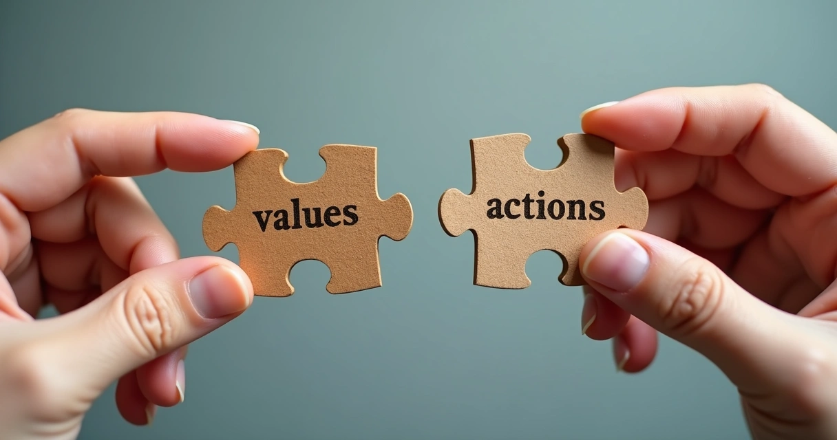 Two hands holding puzzle pieces, one labeled 'values' and the other 'actions', almost connecting but not quite.