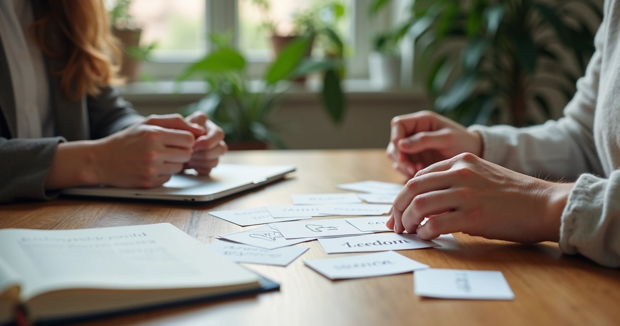 Coach and client sorting values cards on a table 