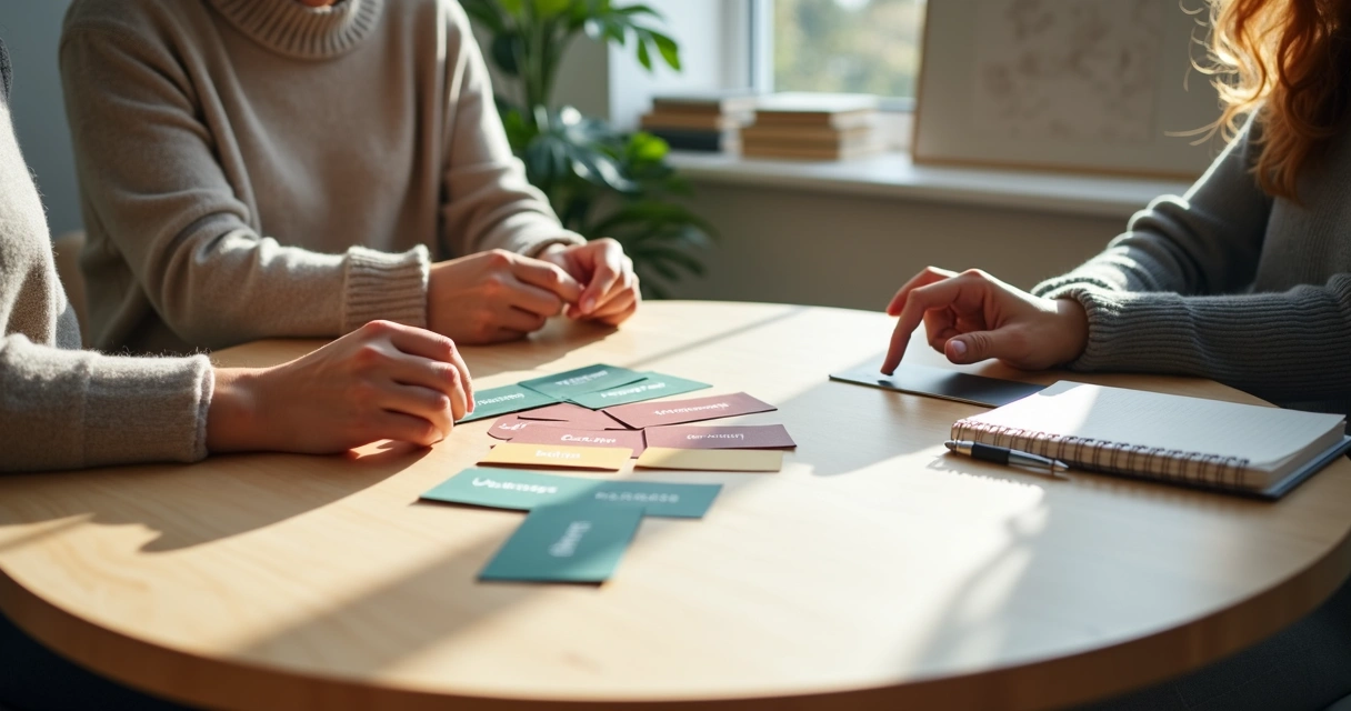 Coach and client arranging colorful values cards on a wooden table 