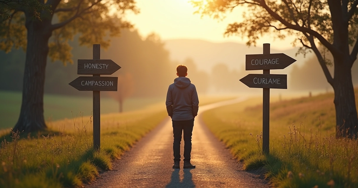Person standing at a crossroads with signs of values 