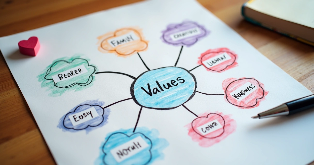 Colorful mind map showing core values and life events