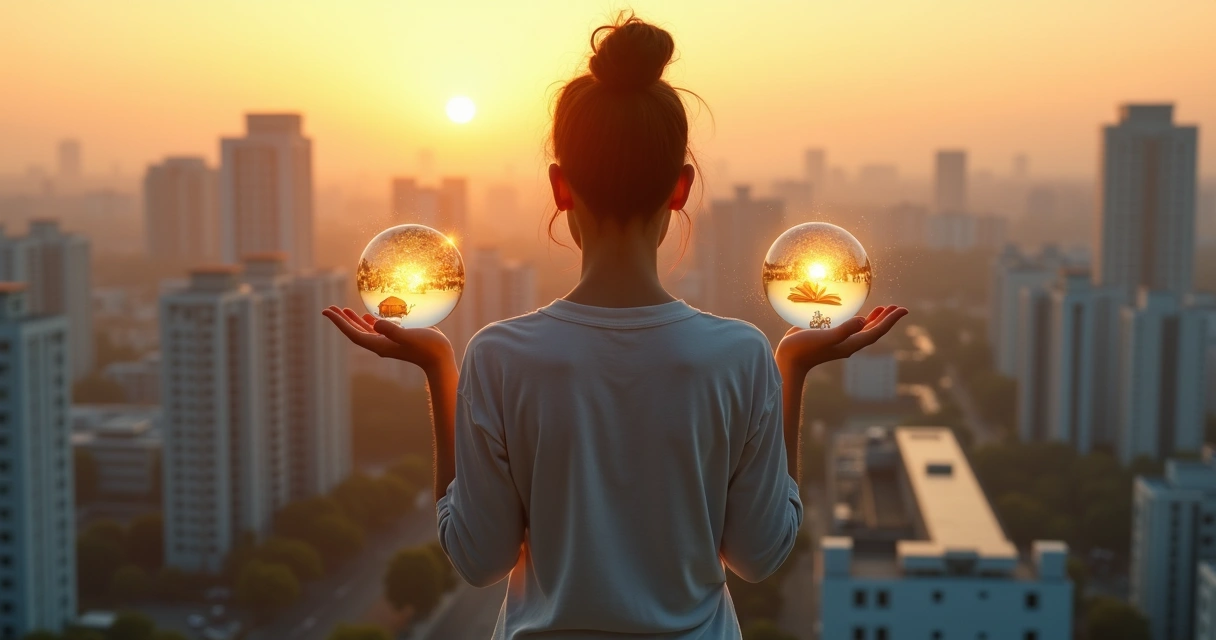 Person balancing glowing spheres over a city 