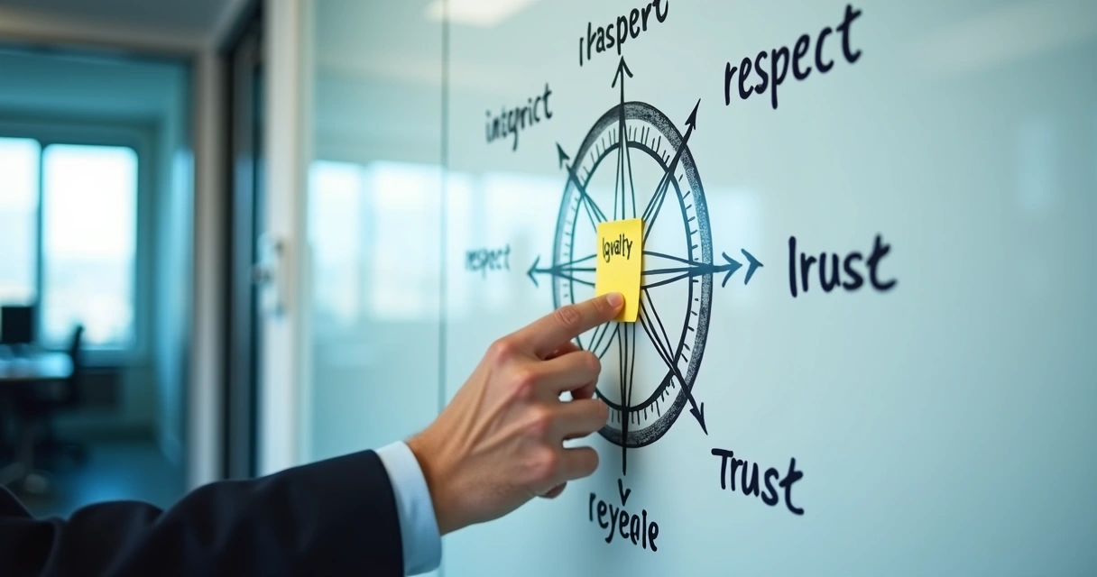 Office board with value words and a compass concept 