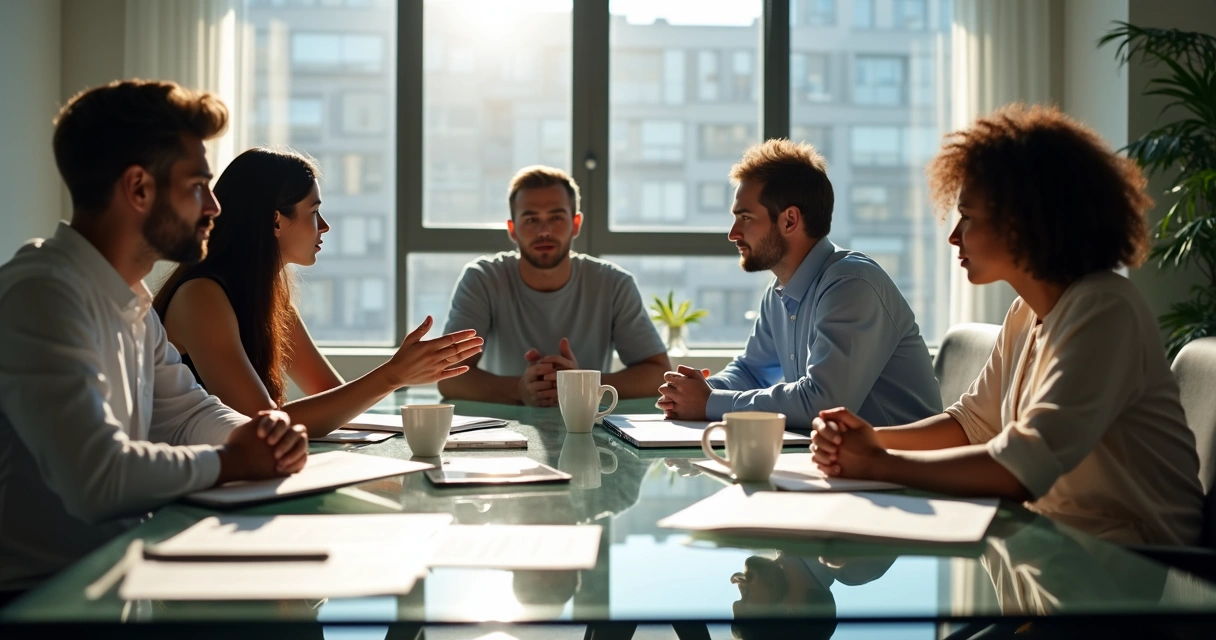 Four people at a meeting table, three appear to agree, one looks concerned and distant 