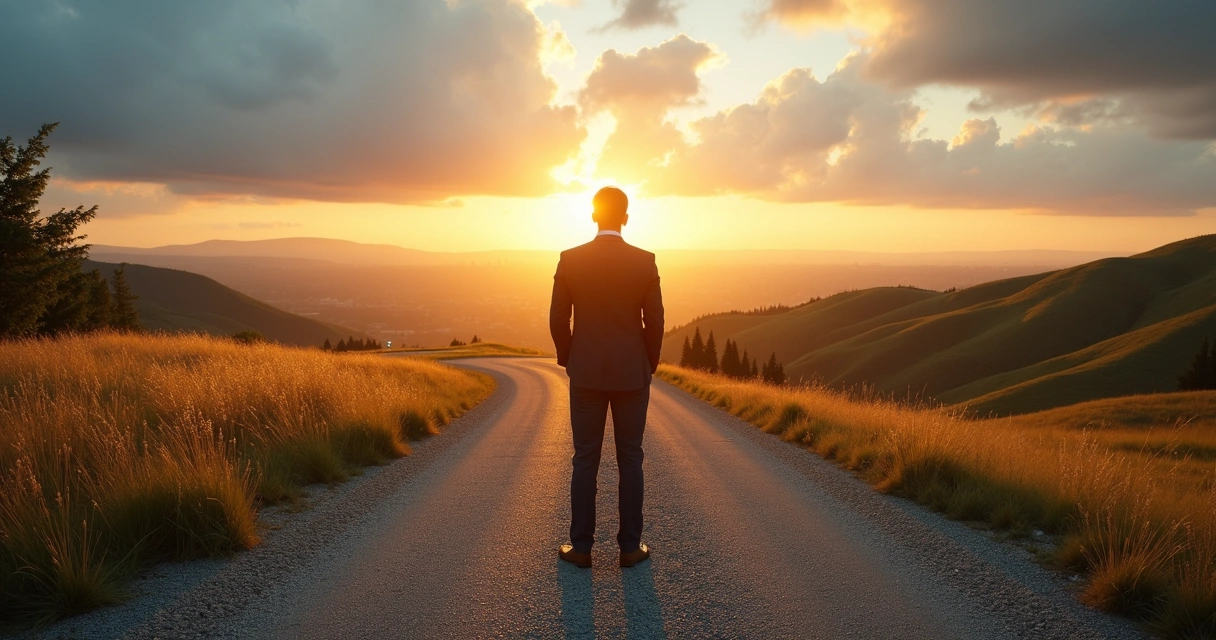 Business leader at a forked road choosing between two paths 