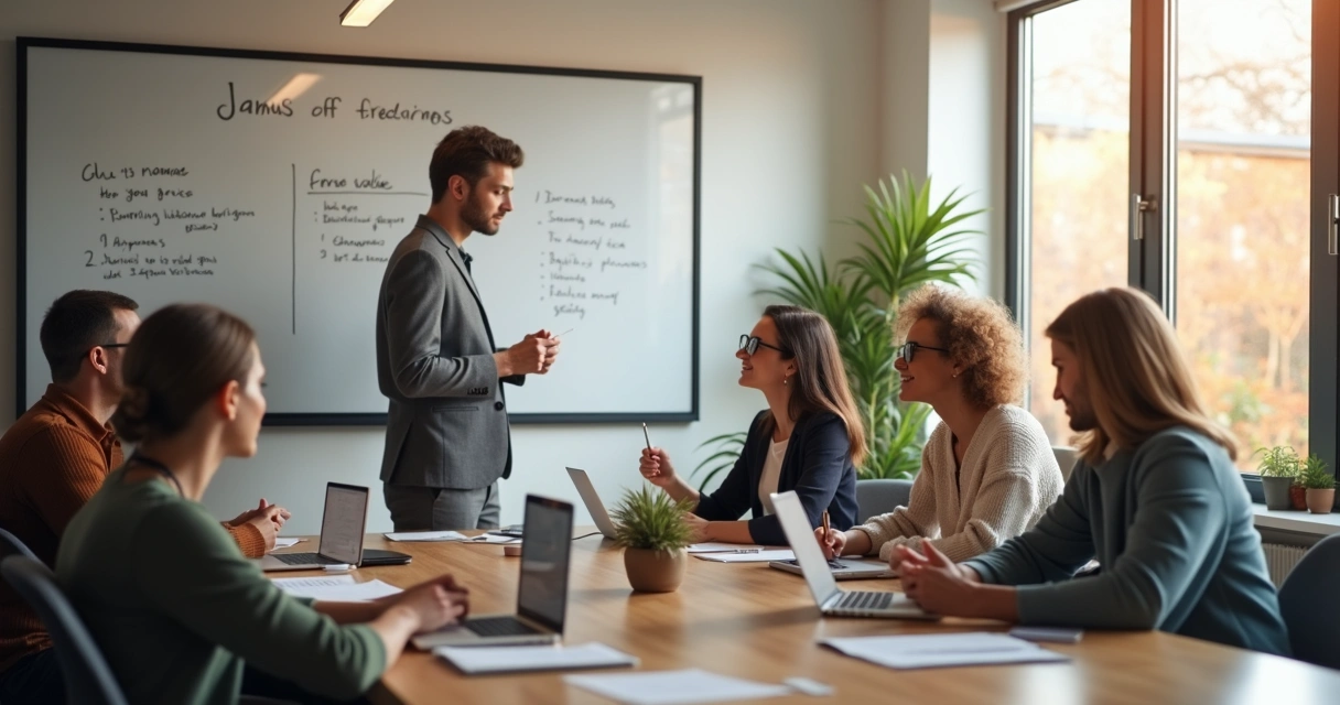 Workplace scene showing daily practices aligned with core values, including team members giving feedback, celebrating, and collaborating. 