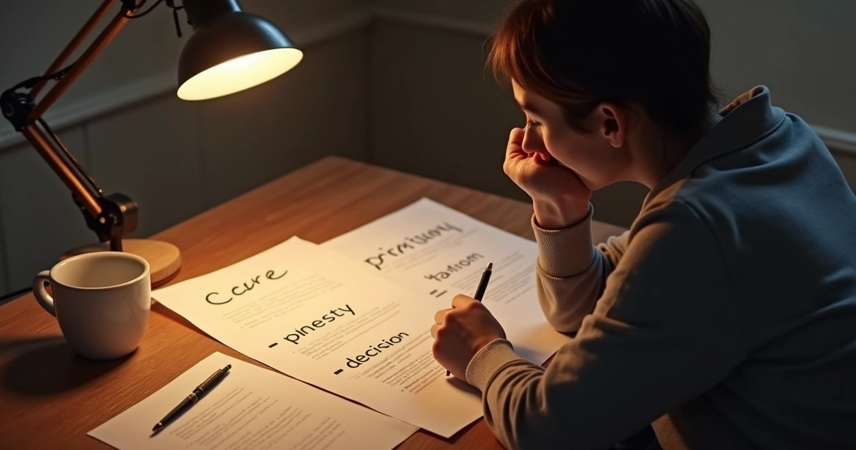 Person at a table with papers, thinking about values and priorities 
