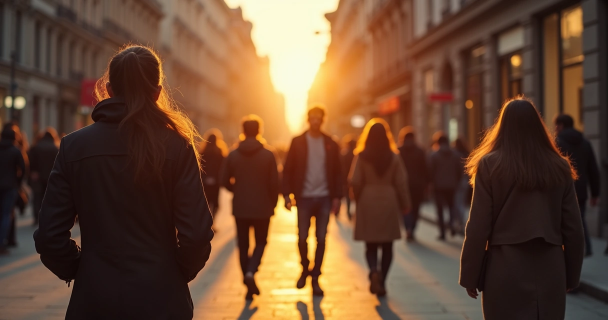 Silhouettes of people walking in different directions in a modern city street at sunset