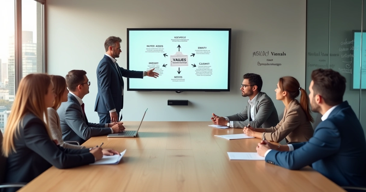 Manager coaching team on values-driven communication in a modern office 