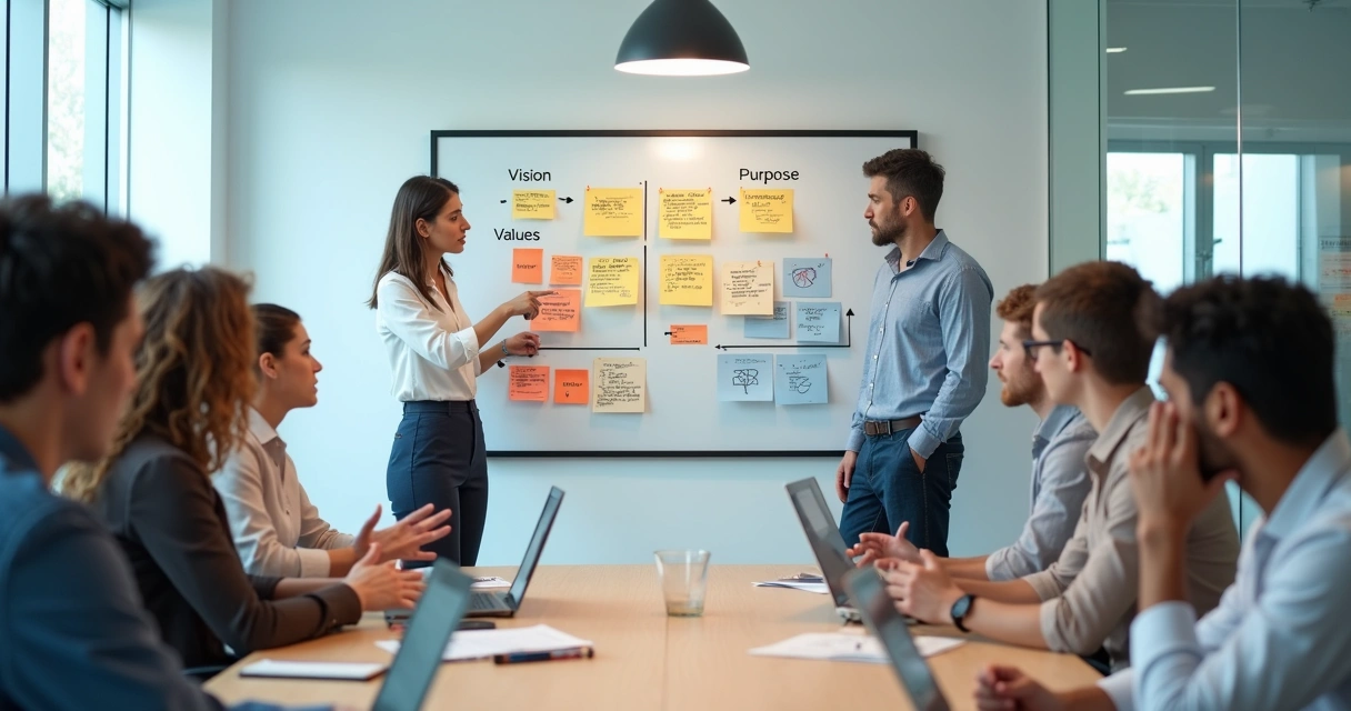 Leader reviewing project board with values and risks highlighted 