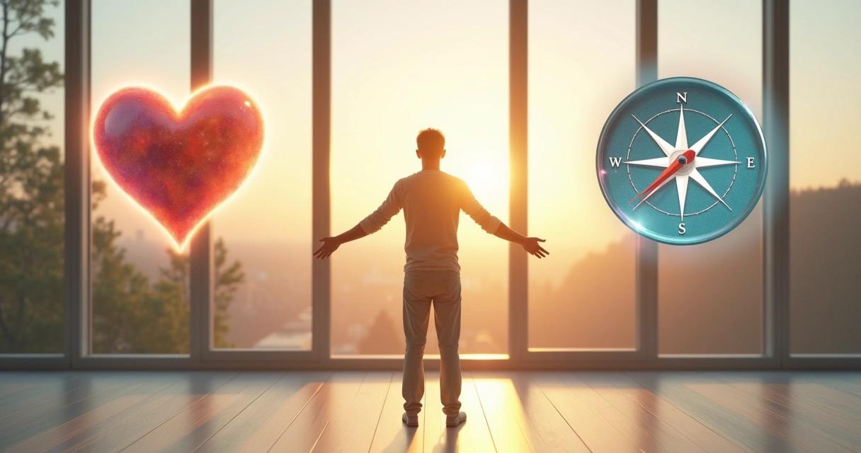 Person standing between heart and compass icons representing values and emotional maturity 