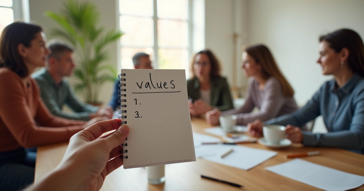People sitting in a circle, discussing ideas, with focus on handwritten notes about values 