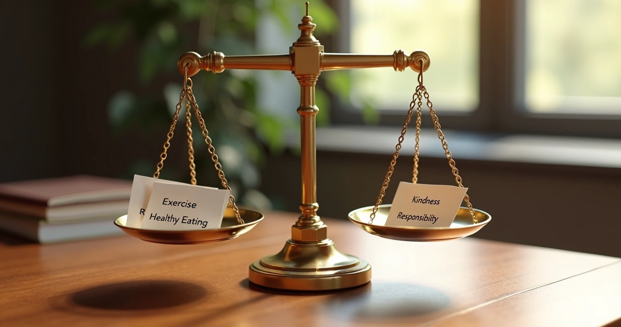 Balanced scale weighing a list of habits on one side and a list of values on the other 