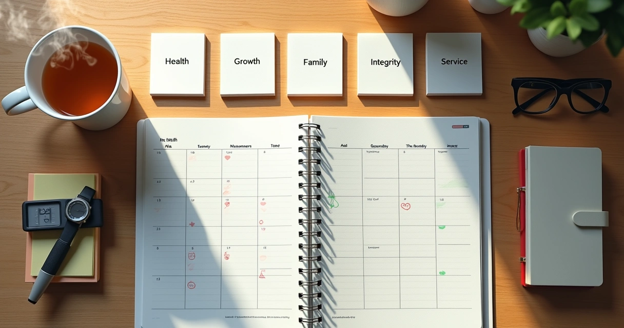 Overhead view of desk with value cards aligned to a habit calendar 