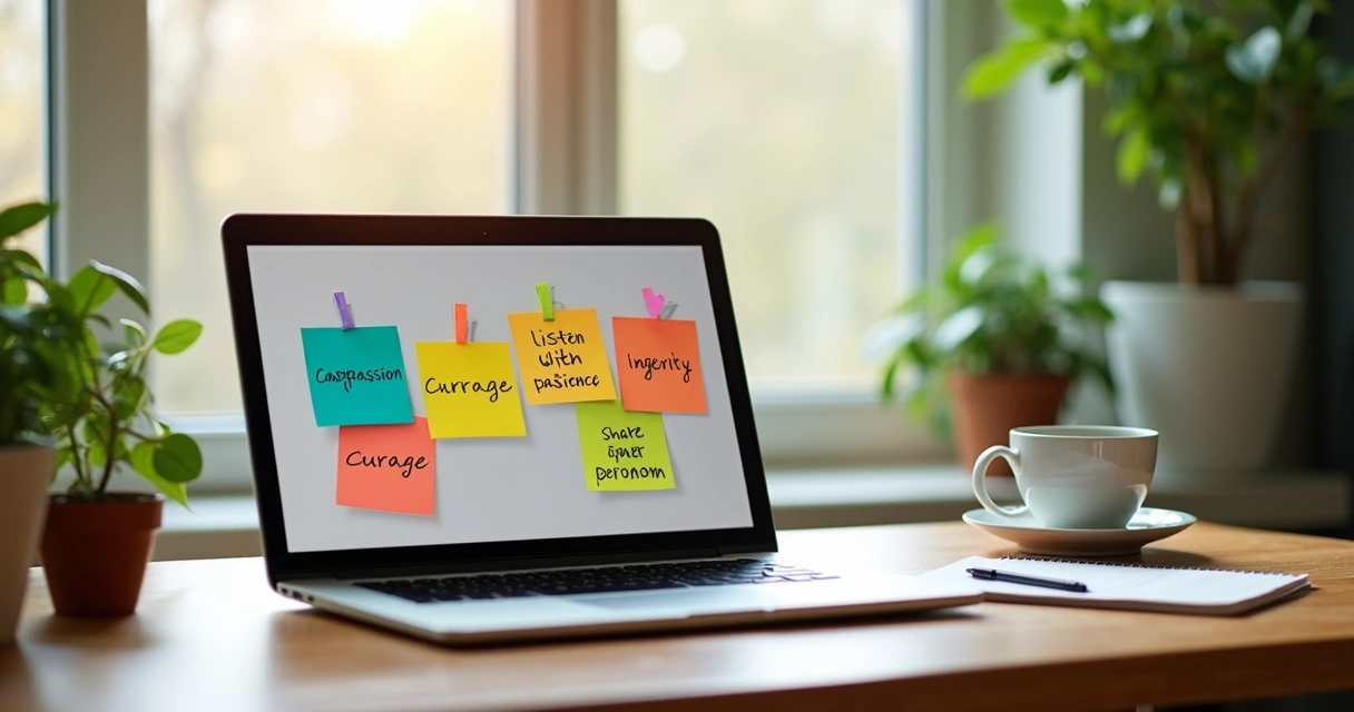 Post-it notes with values and small habits on a work desk 