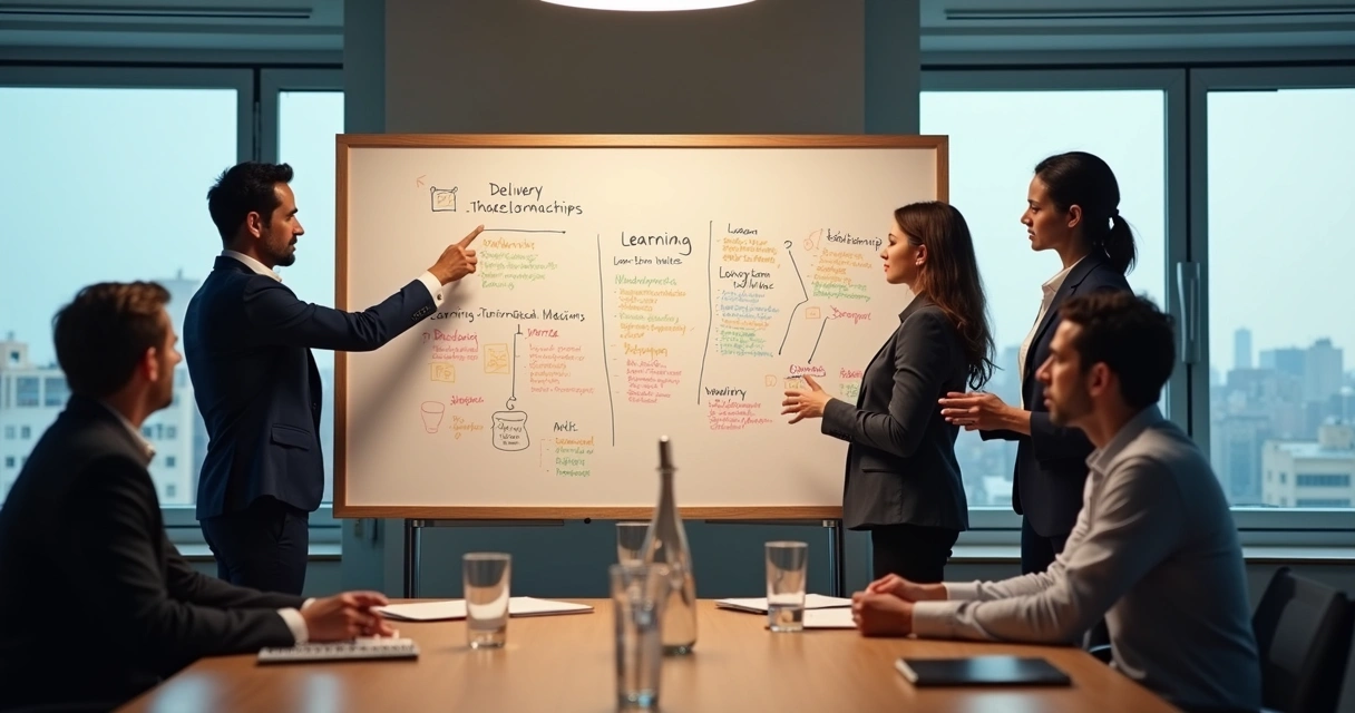 Whiteboard with values and impact notes during a team review