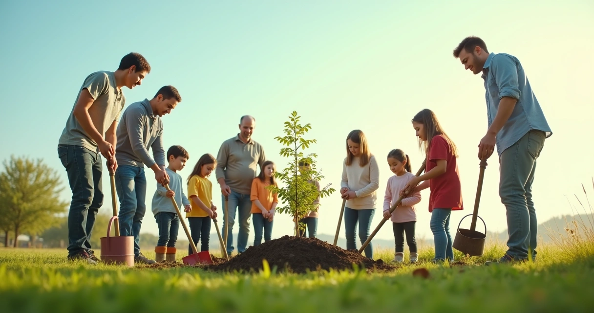 Community members planting trees together on green grass 