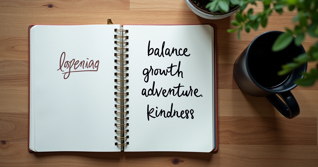 Open journal with words representing different values written inside