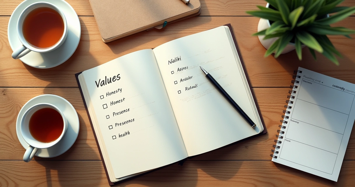 Notebook with values list and daily reflection on a desk