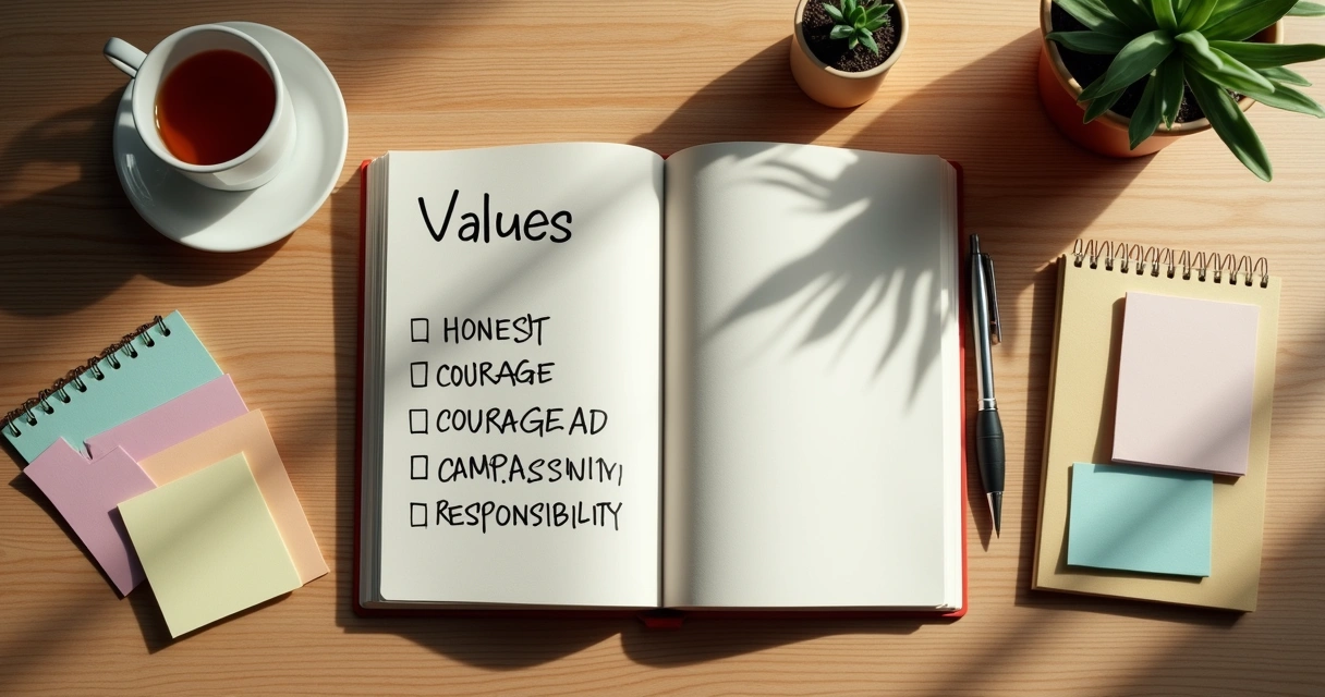 Notebook with values list and colored notes on a desk