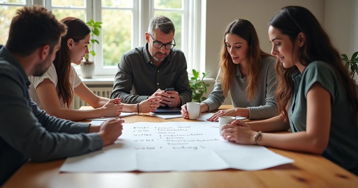 People discussing values with list on table