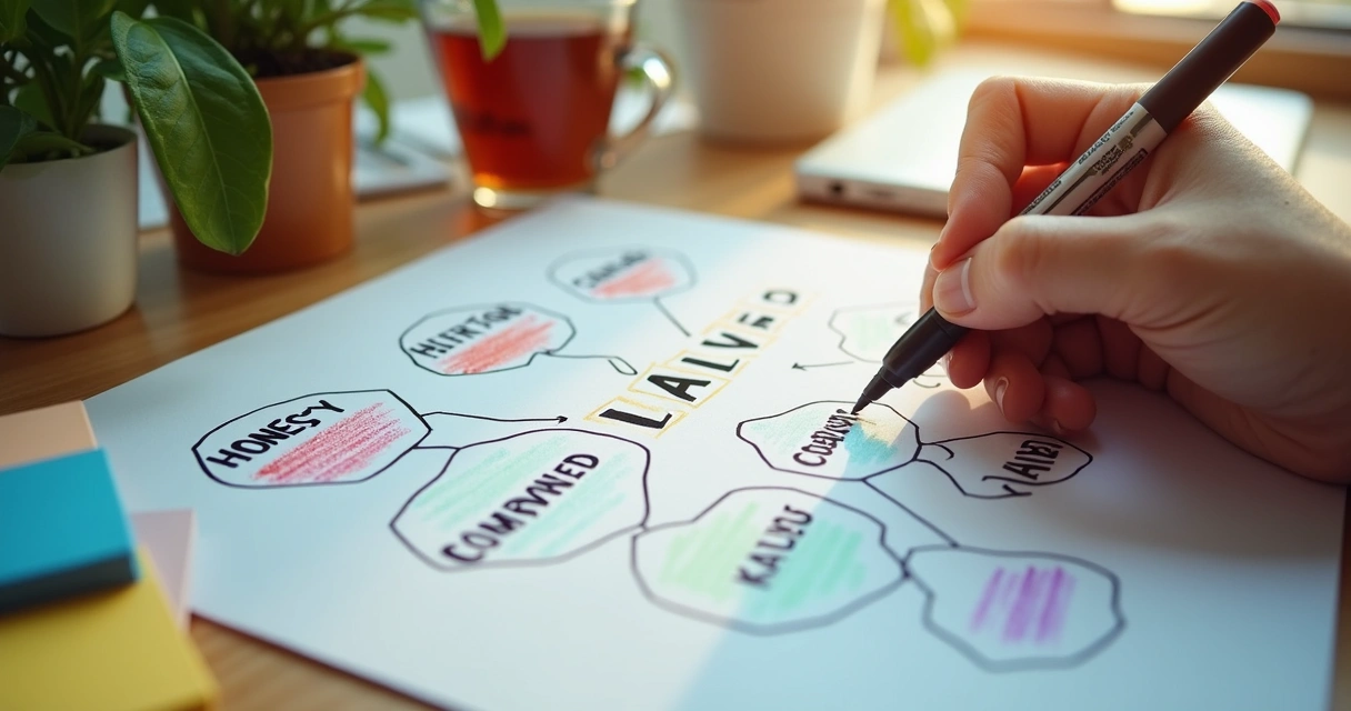 Hand drawing a values map on paper with markers