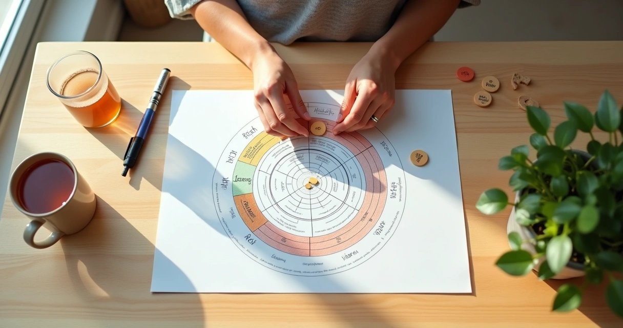 Person arranging colored tokens on a light table forming a values map 