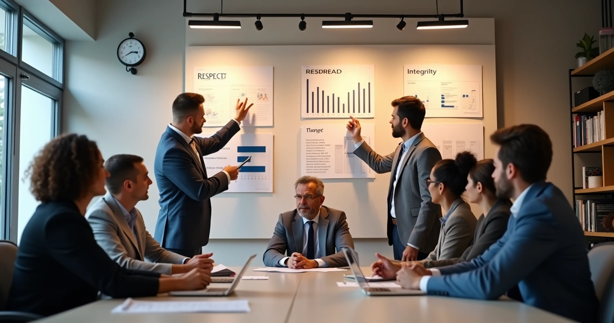 Team meeting discussing values and business goals 