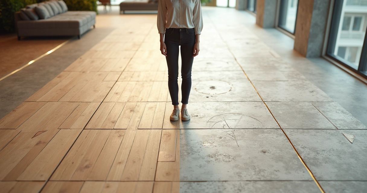 Professional standing between two contrasting floor patterns that merge into one unified design 
