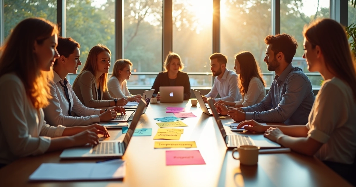 Team in discussion around a table with value words on sticky notes