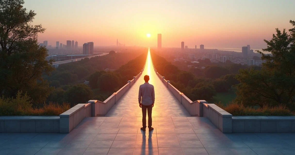 Person standing at a crossroads where a narrow path and a wide road blend into one illuminated route 