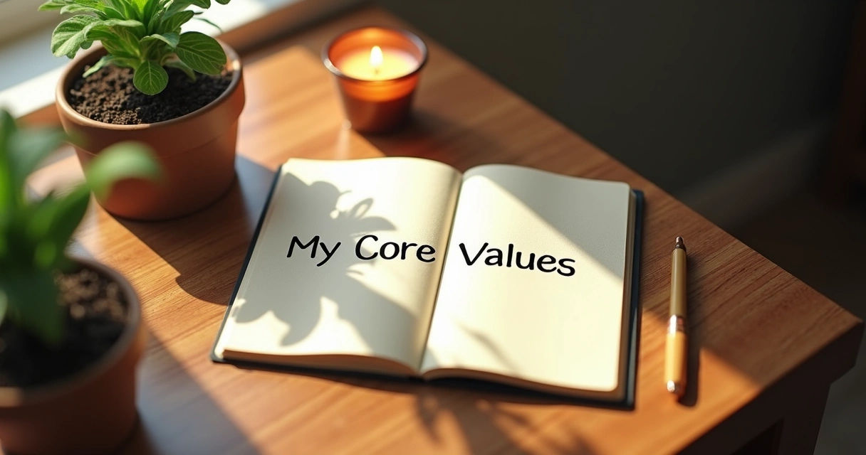 Notebook, pen, candle, and plant on wooden desk. 